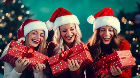 Three beautiful women in santa hats are holding presents and smiling at the camera. Generative AI.の素材