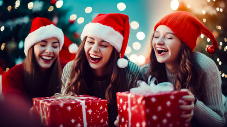 Group of women in santa hats opening presents together at Christmas party. Generative AI.の素材