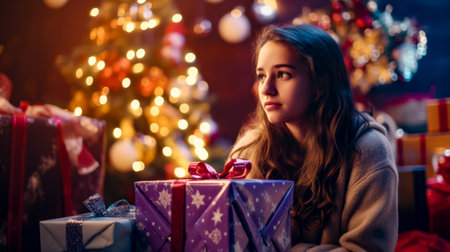 Beautiful young woman sitting in front of christmas tree holding present. Generative AI.の素材