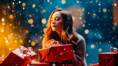 Woman holding red gift box in front of snow covered background. Generative AI.の素材