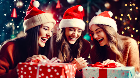 Three beautiful women in santa hats opening christmas gift box with smile on her face. Generative AI.の素材
