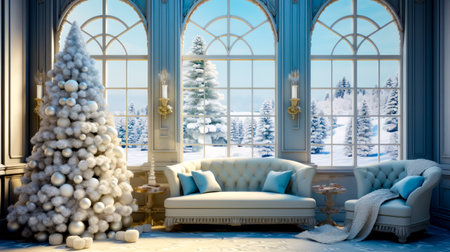 Living room decorated for Christmas with Christmas tree in the corner of the room. Generative AI.の素材
