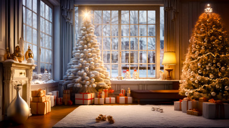 Christmas tree in front of window with presents on the floor in front of it. Generative AI.の素材