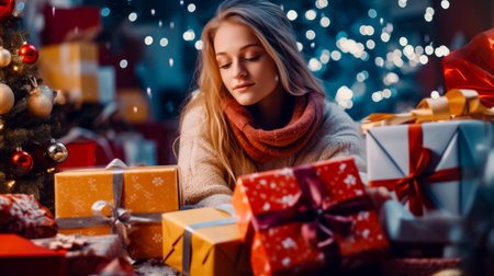 Woman sitting at table in front of christmas tree with presents. Generative AI.の素材