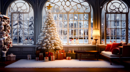 Decorated christmas tree in front of window with snowy scene outside. Generative AI.の素材