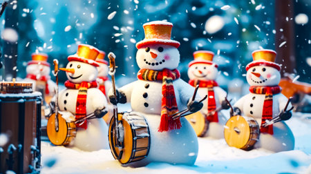 Group of snowmen that are standing in the snow with musical instruments. Generative AI.の素材