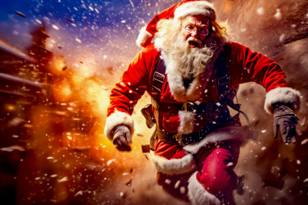 Man dressed as santa claus running through field of fire and snow. Generative AI.の素材