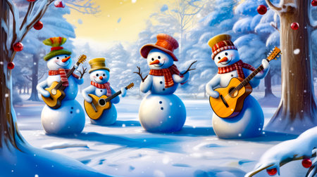Group of snowmen with guitar and snowman wearing hat. Generative AI.の素材