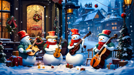 Group of snowmen playing instruments and singing in front of Christmas scene. Generative AI.の素材