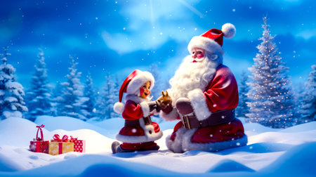 Santa clause giving teddy bear to little girl in the snow. Generative AI.の素材