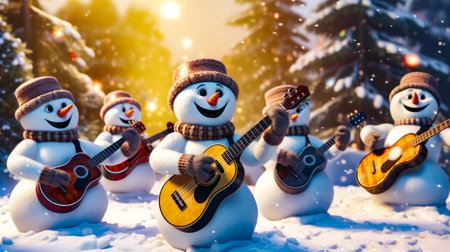 Group of snowmen with guitars and snowman holding guitar. Generative AI.の素材