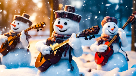 Snowman with guitar and snowman with snowman in the background. Generative AI.の素材