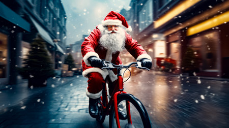 Man dressed as santa claus riding bike down street in the rain. Generative AI.の素材