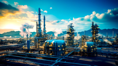 Oil refinery with lot of smoke coming out of it's stacks. Generative AI.の素材