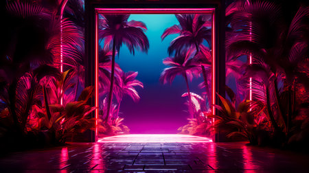 Room with palm trees and neon light at the end of the room. Generative AI.の素材