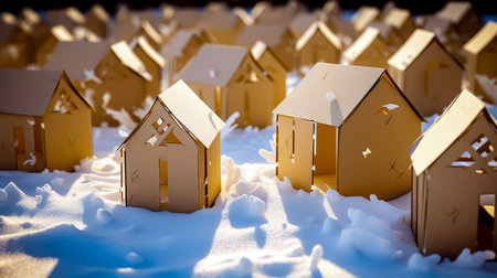 Group of small wooden houses sitting in the middle of snow covered field. Generative AI.の素材