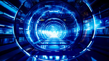 Tunnel with blue lights in the middle of the tunnel is shown in this image. Generative AI.の素材