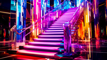 Set of stairs that are lit up with neon lights and glass vase. Generative AI.の素材