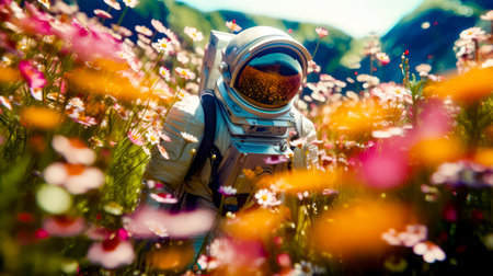 Man in space suit standing in field of wildflowers. Generative AI.の素材