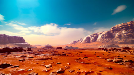 Desert landscape with rocks, rocks and mountain range in the distance. Generative AI.の素材