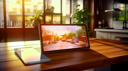 Laptop computer sitting on top of wooden desk next to window. Generative AI.の素材