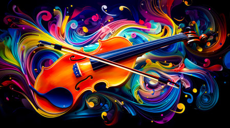 Painting of violin with colorful swirls and swirls in the background. Generative AI.の素材