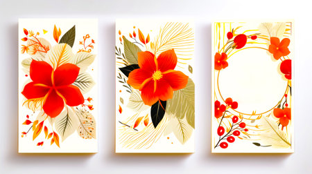 Set of three cards with flower and leaves on the front and back of each card. Generative AI.の素材