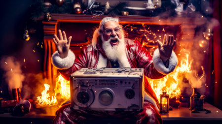 Man dressed as santa claus is sitting in front of boombox. Generative AI.の素材