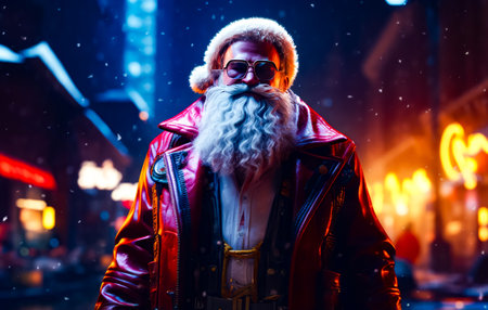 Man dressed as santa claus with beard and wearing sunglasses and leather jacket. Generative AI.の素材