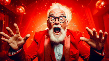 Man in red suit and glasses with a surprised look on his face. Generative AI.の素材
