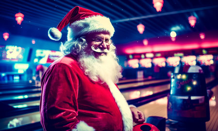 Man in santa suit holding bowling ball and wearing santa hat. Generative AI.の素材