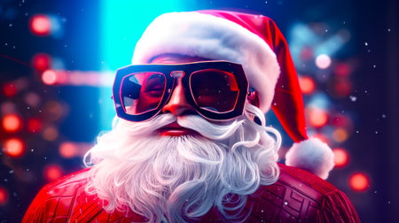 Close up of santa clause wearing sunglasses and santa claus hat. Generative AI.の素材