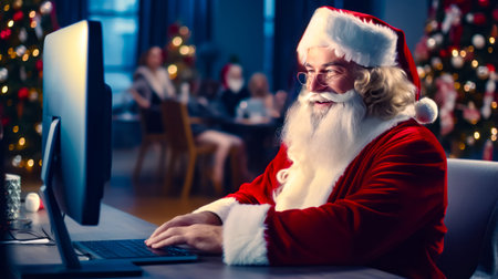 Man in santa suit sitting in front of lap top computer. Generative AI.の素材