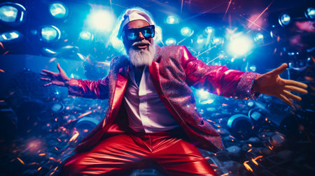 Man in red suit and sunglasses on stage with lights behind him. Generative AI.の素材