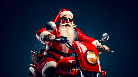 Man dressed as santa claus riding motorcycle with helmet and sunglasses on. Generative AI.の素材