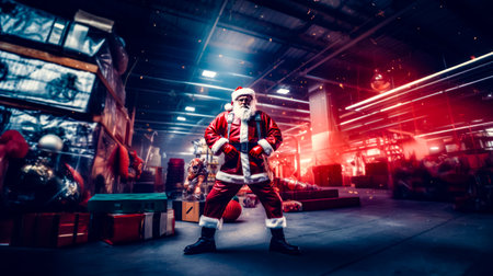 Man dressed as santa claus standing in warehouse with lot of presents. Generative AI.の素材