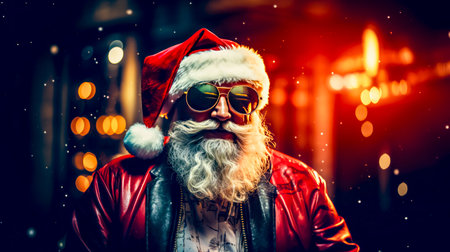 Man wearing santa hat and sunglasses with beard and leather jacket. Generative AI.の素材