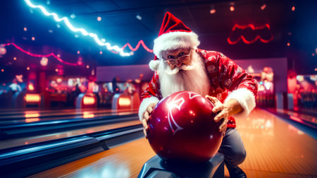 Man dressed as santa claus bowling on bowling ball at bowling alley. Generative AI.の素材