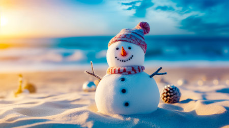Snowman is standing in the snow on beach with pine cone. Generative AI.の素材