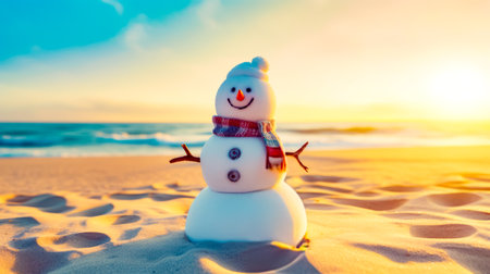 Snowman is standing in the sand on the beach with the sun in the background. Generative AI.の素材