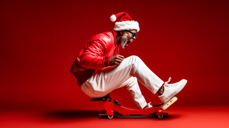 Man in santa hat riding skateboard on red background. Generative AI.の素材