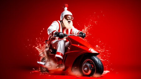 Man riding on the back of red motorcycle with santa clause on it. Generative AI.の素材