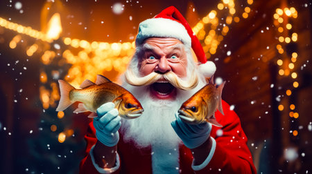 Man dressed as santa claus holding two fish in front of his face. Generative AI.の素材