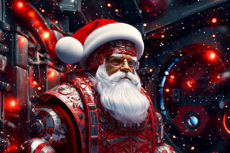 Close up of santa clause wearing santa hat and holding gun. Generative AI.の素材