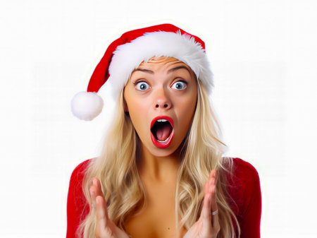 Woman wearing santa hat and making surprised face with her hands. Generative AI.の素材