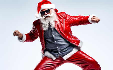 Man in red leather jacket and santa claus hat with his arms out. Generative AI.の素材