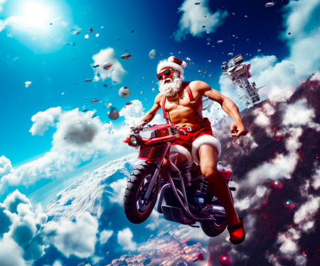 Man riding on the back of red motorcycle in the middle of the sky. Generative AI.の素材