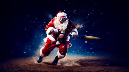 Man dressed as santa claus with baseball bat in his hand and baseball in his other hand. Generative AI.の素材
