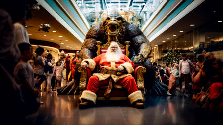 Man dressed as santa claus sitting in giant chair in mall. Generative AI.の素材