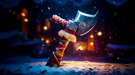 Viking ax with fur handle on snowy surface with lights in the background. Generative AI.の素材